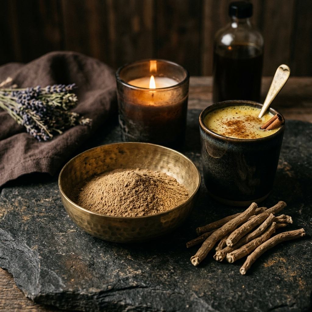Ashwagandha root and powder in a brass bowl with warm golden milk
