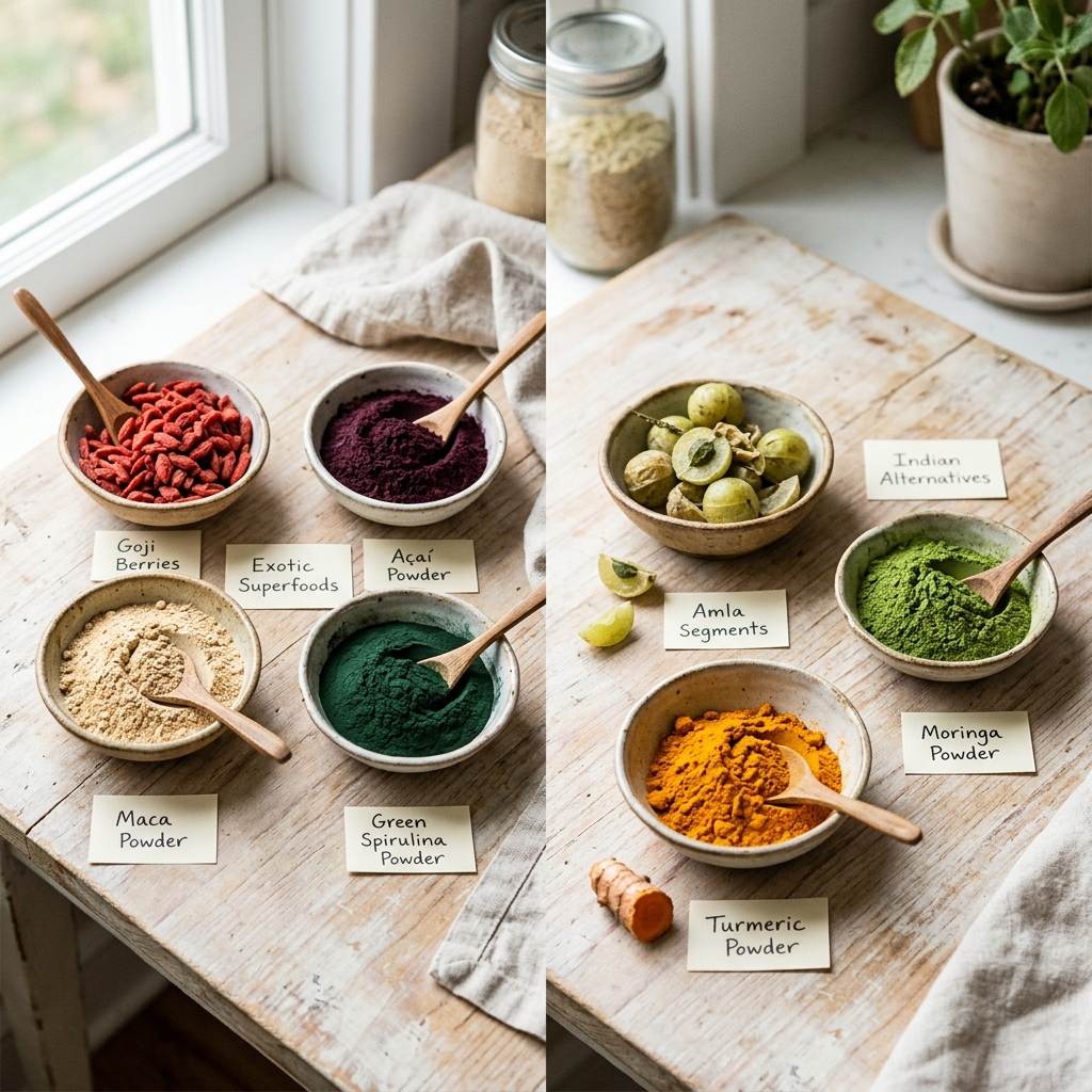 Exotic superfoods in ceramic bowls - goji berries, acai powder, maca, spirulina with Indian alternatives