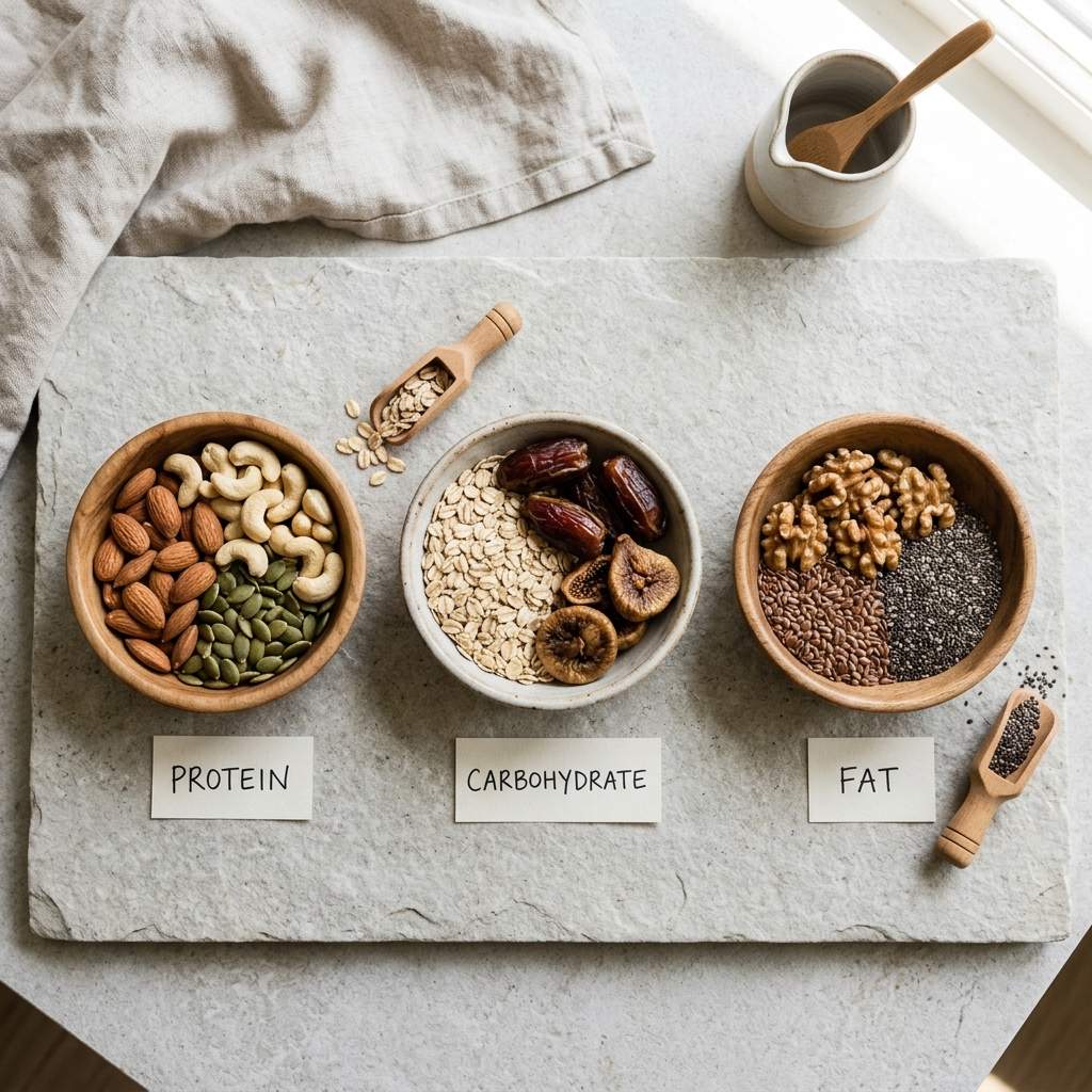 Three sections of macronutrients - protein nuts, carbohydrate grains, and healthy fat seeds