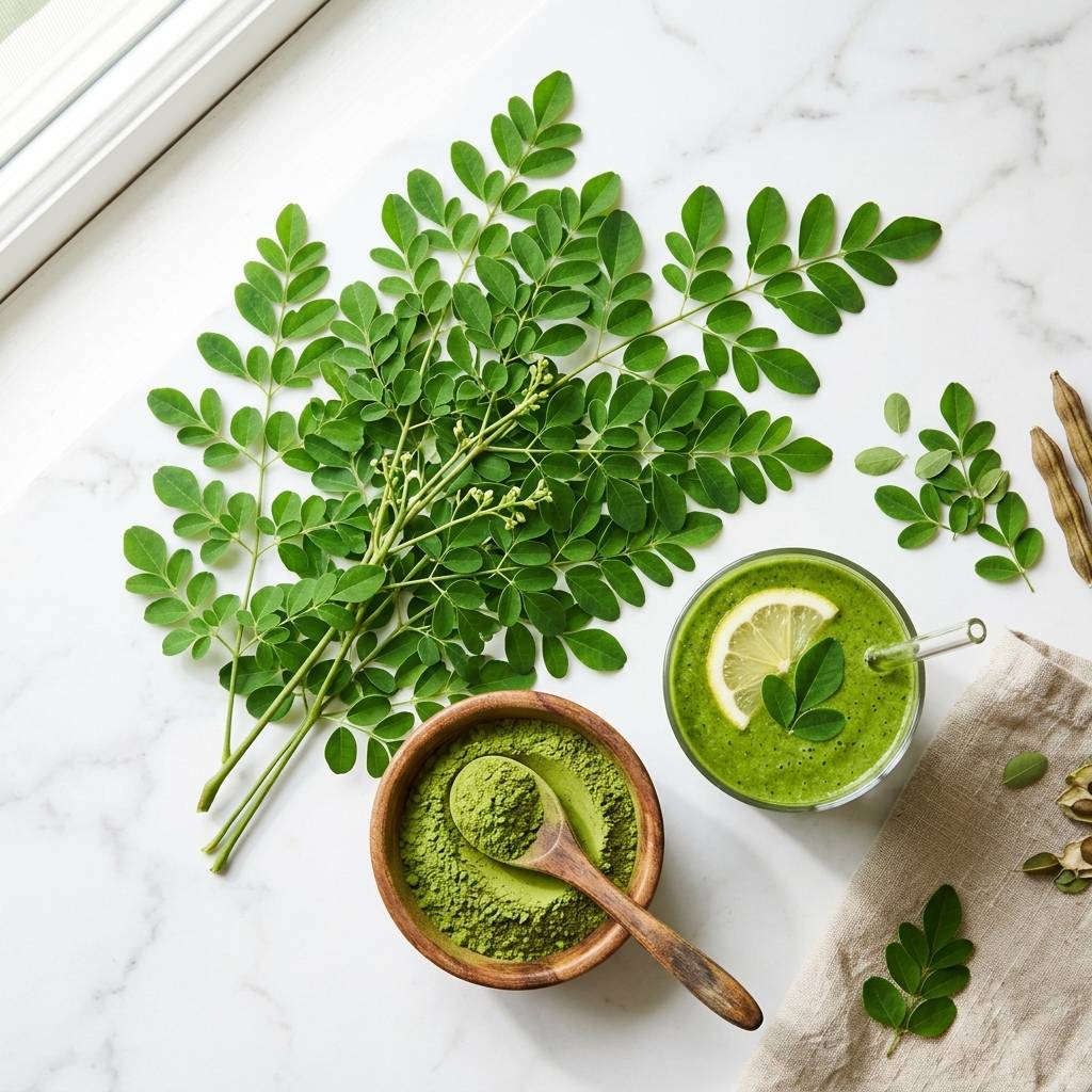 Fresh moringa leaves and bright green powder with a moringa smoothie