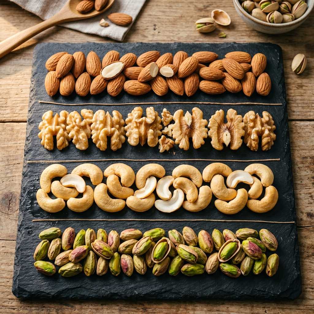 Premium almonds, walnuts, cashews, and pistachios arranged on a dark slate board