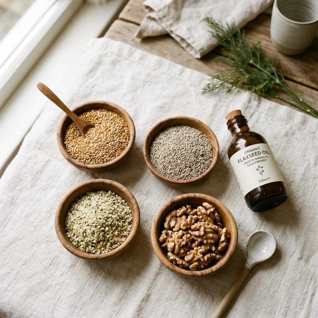 Plant-based omega-3 sources - flaxseeds, chia seeds, walnuts, and hemp seeds in wooden bowls