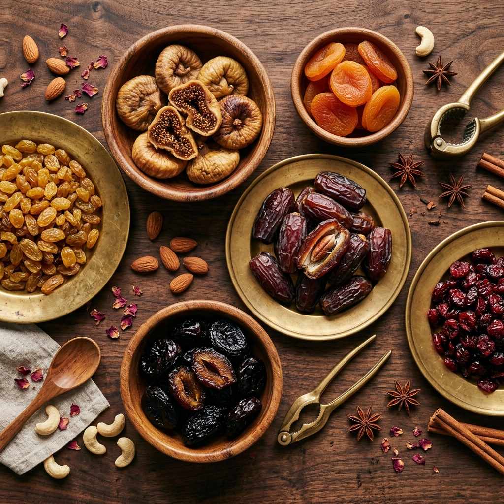 Premium organic dry fruits in wooden bowls - raisins, figs, apricots, dates, and cranberries