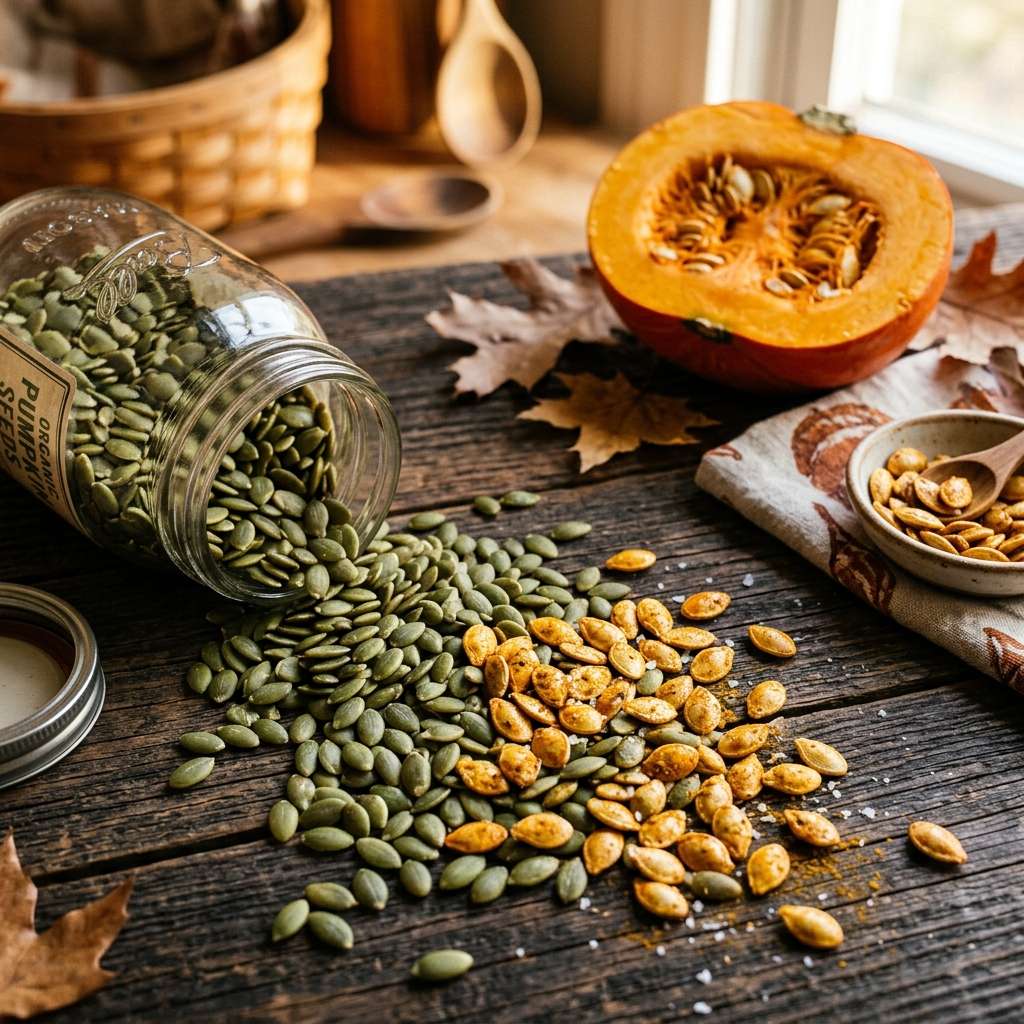 Green pumpkin seeds spilling from a glass jar with a pumpkin half in the background