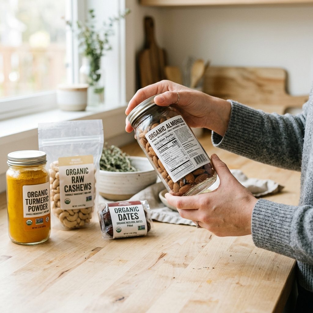 Reading food labels on organic product jars in a bright kitchen