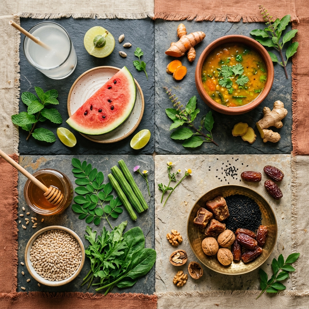 Seasonal Indian foods arranged in four quadrants — summer coconut and amla, monsoon turmeric and ginger, winter sesame and jaggery, spring moringa and honey
