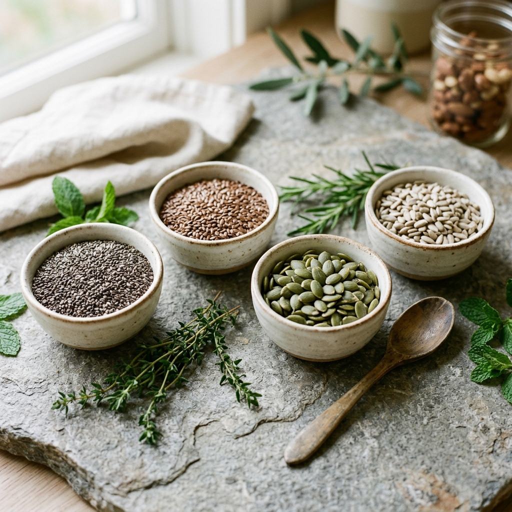 Superfood seeds in ceramic bowls - chia, flax, pumpkin, and sunflower