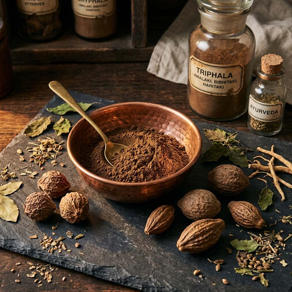 Three triphala fruits arranged around a copper bowl of triphala powder